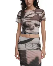 Desigual Mesh Top Abstract Print Short Sleeves Women Black Shirts