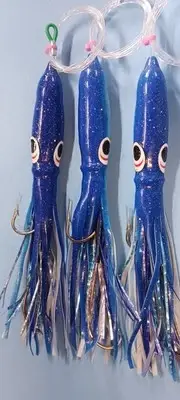 3 Pack 2 Oz. BLUE WHITE Mylar Custom Squid Double Hooked trolling lure