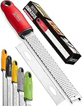 Orblue Lemon Zester & Cheese Grater - Premium Citrus Zester, Kitchen Grater for Parmesan, Chocolate, Fruits, Vegetables, Ginger, Garlic, Nutmeg - Stainless Steel Blades with Protective Cover, Red