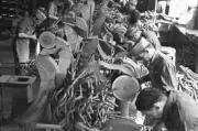 Workers production line Bianchi motorcycle factory Milan prod- 1955 Old Photo