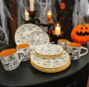 12pc Eli Ana Halloween White Pumpkin Reactive Etched Dinner Salad Plate Mug Set