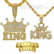 Hip Hop Cubic Zirconia KING CROWN Pendant 24" Rope Chain Necklace & Grillz Set