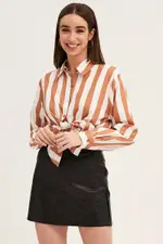 Camel Shirt Long Sleeve Collared Button Up Longline - Size 8, Women's Shirt