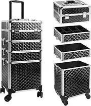[Kalolary] 4 in 1 Rolling Makeup Train Case on Wheels Large Capacity Cosmetic Trolley, Aluminum Salon Travel Case with Keys Traveling Cart Trunk for Hairstylists Nail Tech - Black