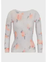 EMPORIO ARMANI Womens Gray Pleated Sheer Printed Long Sleeve Boat Neck Top 38