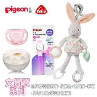 《baby FEHN+Pigeon 貝親》全矽膠安撫奶嘴+收納盒+奶嘴鍊-彩虹+芬恩吊掛式玩偶(隨機)