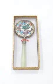 Chinese Small Silver Cloisonne Dragon Soo Chow Jade Mirror