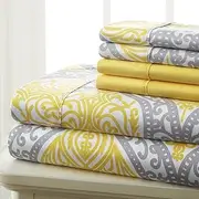 King Size Bed Sheets Set Deep Pockets - 6PC Floral Ultra Soft Microfiber Bed Sheets - Easy to Clean, 90 Thread Count Sheets with Fitted Sheet, Flat Sheet & Pillowcases (Grey/Yellow Medallion)