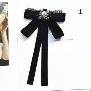 Women Bow Tie Rhinestone Necktie Lace Crystal Black Velvet Neckline Trim Glitter
