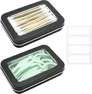 MatFirsmo Cotton Swab Holder for Travel, 2 Pcs Portable Small Dental Floss Holder Empty Metal Cotton Ball Holder, Travel Floss Picks Case with Dustproof Lid for Cotton Swabs Hair Ties Floss, Black