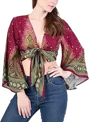 [Lannaclothesdesign] Boho Wrap Top for Women Beach Fashion - Soft & Breathable Rayon Womens Tops with Bell Sleeves