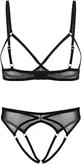 [GRRKDFQ] Women's Lingerie Sets See Through Sheer Mesh Lingerie Set Open Cups Bra Crotchless Briefs