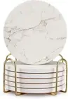 6 Pcs White Marble Coaster Set with Holder Best Absorbent Coasters Drink Stone C
