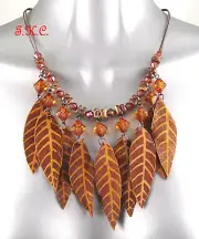 Boho Hippy Ethnic Indian Tribal Brown Leather Leaves Tassels Wood Beads Necklace