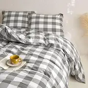 Wake In Cloud - Cotton Quilt Cover Set, 100% Washed Cotton Doona Duvet Cover Bedding Set, 3 Pieces, Gingham Grey, Queen Size