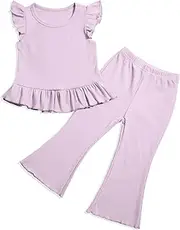 [tagyum] Toddler Girl Clothes Ribbed Ruffle Knit Sleeve shirt & Flare Pants Set Spring Summer Bell-bottoms Outfits