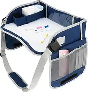 Kids Travel Tray for Toddler Car Seat, Enduring Car Seat Tray, Easy to Install Car Seat Table Tray with Adjustable Strap Portable Easy to Clean Car Seat Tray for Kids Road Trip Activities (Navy Blue)