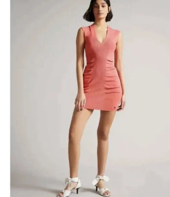 Ted Baker LONDON Size 0 uS Size 00 Novari Ruched Rib Knit Dress Coral Pink NWT