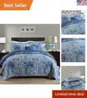 Cotton Bedspread Quilt Sets-Reversible Patchwork Coverlet Set, Blue Classic B...