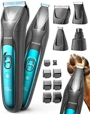 oneisall Dog Clippers & Paw Trimmer 4 in 1 Grooming Kit, Pet Grooming Clippers with LED Light for Full-Body Grooming, Cordless Silent Pet Shaver for Dogs Cats