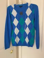 Women's Tommy Hilfiger Long Sleeve V-neck Blue/Multi Argyle Sweater Sz S/P