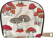 [JEJEA] Red Mushrooms Print Credit Card Holder Wallet, Small Card Holder Wallet with Zipper,Leather Card Holder, White, One Size