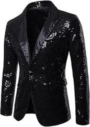 [Yejue] Men's Metallic Sequin Slim Tuxedo Jacket Suit 70s Disco Party Wedding Prom