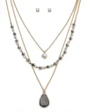 Smokey Grey Druzy Teardrop Pearl Triple Layer Necklace Earrings Set