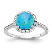 Sterling Silver Cheryl M Rhodium-Plated Cabochon Lab Created Blue Opal And Brilliant Cut Cz Halo With Side Stones Ring