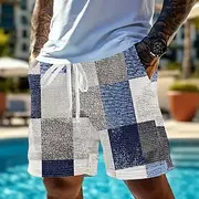 Men's Geometric Color Block Patchwork Waffle Shorts Sweat Shorts Casual Shorts Mid Waist Fashion Casual Vacation Jogging Workout Elastic Drawstring Waist Short