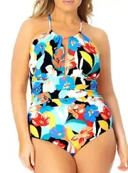 Anne Cole MULTI Plus Size Modern Blooms High-Neck One-Piece Swimsuit, US 24W