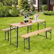 3-Piece Folding Picnic Table and Bench Set, Wooden Beer Table w/Seating Set, Outdoor Dining Table and Bench Set w/Sturdy Steel Frame for Patio, Backyard and Outdoor Activities