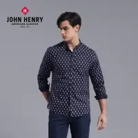 在飛比找momo購物網優惠-【JOHN HENRY】鳳梨印花中山領長袖襯衫-深藍