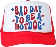[Olive Loves Apple] Bad Day to Be a Hot Dog 4th of July Classic 5 Panel Mesh Snap Back Trucker Hat, Red, One Size
