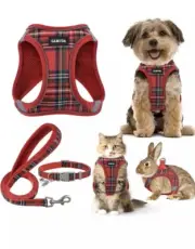 Small Pet Harness Collar and Leash Set, No Pull, Soft Mesh , Red, Small