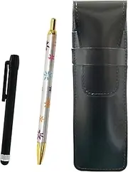 Slim Cowhide Leather Pen Case Black Metal Touch Stick Black and Floral Ballpoint Pen Set ASB-ALB-HS380B