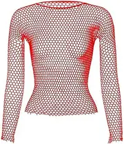 [Bewellan] Hollow Mesh Underwear Tops Mens Elastic Long Sleeved Sheer Undershirts Sexy Leaky HIPS Shirt Men's Under Wear Lingerie Tee Red