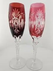 (2) Ajka Crystal MARSALA COBALT 9” Champagne Flutes Crystal -Red Ruby/Pink