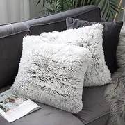 Uhomy Home Decorative Luxury Super Soft Style Artificial Fur Throw Pillow Case Double Side Fluffy Cushion Cover for Sofa/Bed Brown Khaki Ombre 18x18 Inch 45x45 cm Set of 2