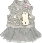 [Pinkaholic New York] Lidia Dress Dog Harness Warm Winter Flower Pattern for Small Dog, Light Grey, Medium