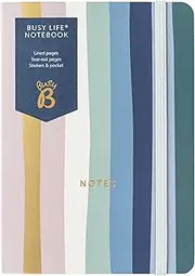 Busy B A6 Busy Life Notebook - Striped Cover - Compact Notebook Perfect for Students, Teachers, Work & More with Lined Pages, Undated Month Planners, Stickers, Storage Pocket & Elastic Closure