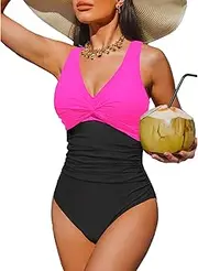 [Holipick] One Piece Swimsuit for Women Vintage V Neck Twist Bathing Suit Tummy Control Slimming Monokini