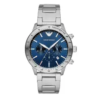 在飛比找PChome24h購物優惠-EMPORIO ARMANI 紳士時尚三眼腕錶-銀X藍