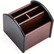 AIMALL Wooden Desk Organizer with 4 Compartments | Rotating Desk Caddy with Plastic Turntable Base | Office Supplies Holder | 5.75 x 5.8 x 5.1 Inches