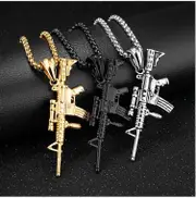 Mens AK47 Gun Chain Pendant necklace Punk Fashion Necklace Women Charm Gift,set of 3pcs-golden,silver,black