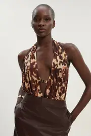 Petite Leopard Print Plunge Halter Neck Trim Detail Mesh Bodysuit