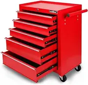 HORUSDY 5-Drawer Tool Cart, Lockable Storage Trolley Workshop Rolling Cabinet Tool Box Chest Organiser, 3" Swivel Wheels with Brake (Red)