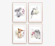 4 x A4 Nursery/Baby/Kids Australian Animals Koala Dingo Kookaburra Wall Prints