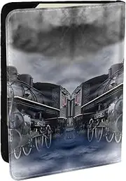 [EdWal] Steam Train Clouds Print Passport Cover with Credit Card Holder Leather Passport Case, for Women Men Family ID Travel, Black, One Size