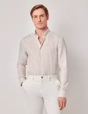 Hawes & Curtis Beige & White Stripe Pure Linen Slim Shirt | Button Down Collar Size: Medium